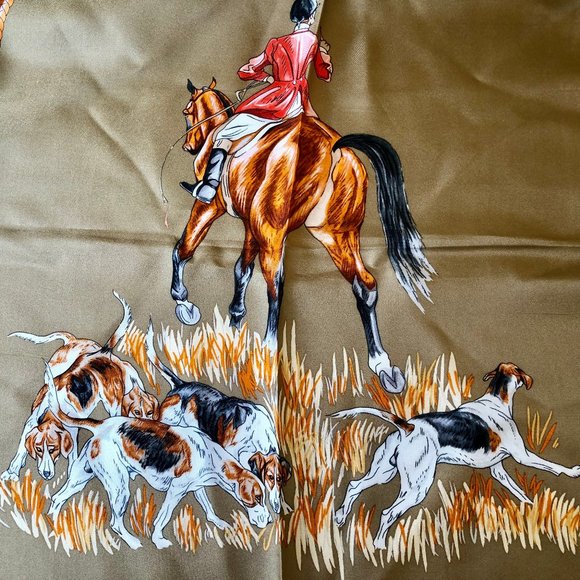 Vintage Equestrian Silk Scarf Fox Hunting Hounds Horn Horse Bits KOREA 34" sq - Picture 4 of 15